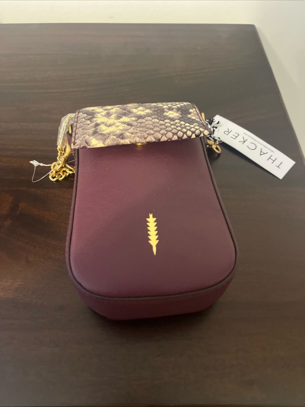 Thacker Leather Crossbody Bag Burgundy Snake Print Flap Gold Chain Small Purse